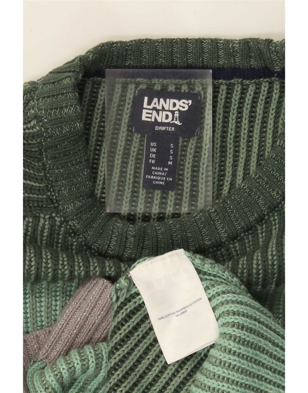 Lands End Herren-Pullover mit Rundhalsausschnitt, klein, grün gestreift, Baumwolle