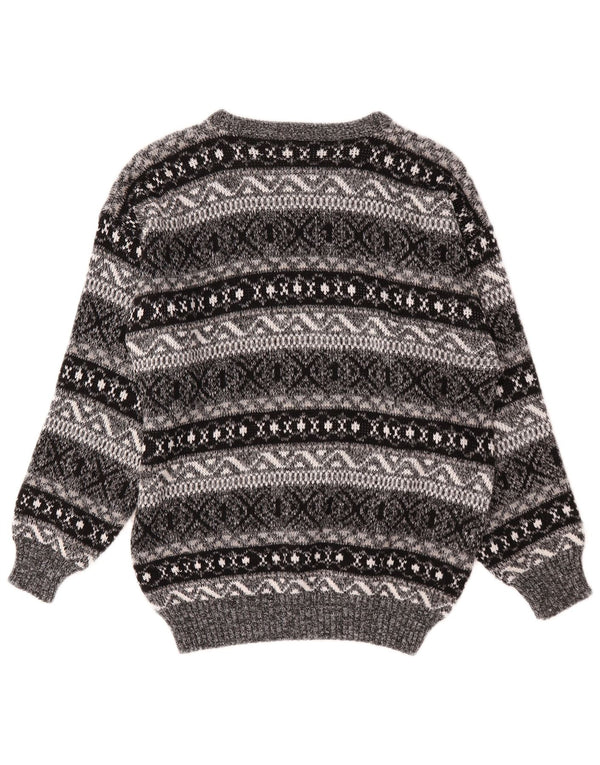Vintage Damen Pullover mit U-Boot-Ausschnitt, UK 16, großes graues Fair-Isle-Acryl