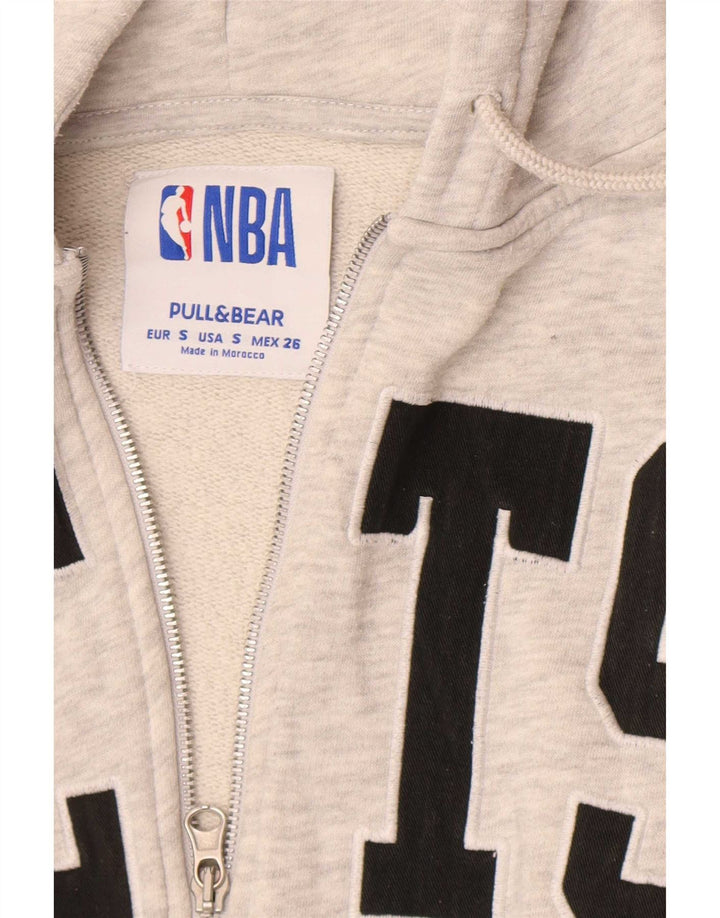 Pull & Bear Damen Crop Graphic Zip Hoodie Pullover UK 10 Small Grau meliert