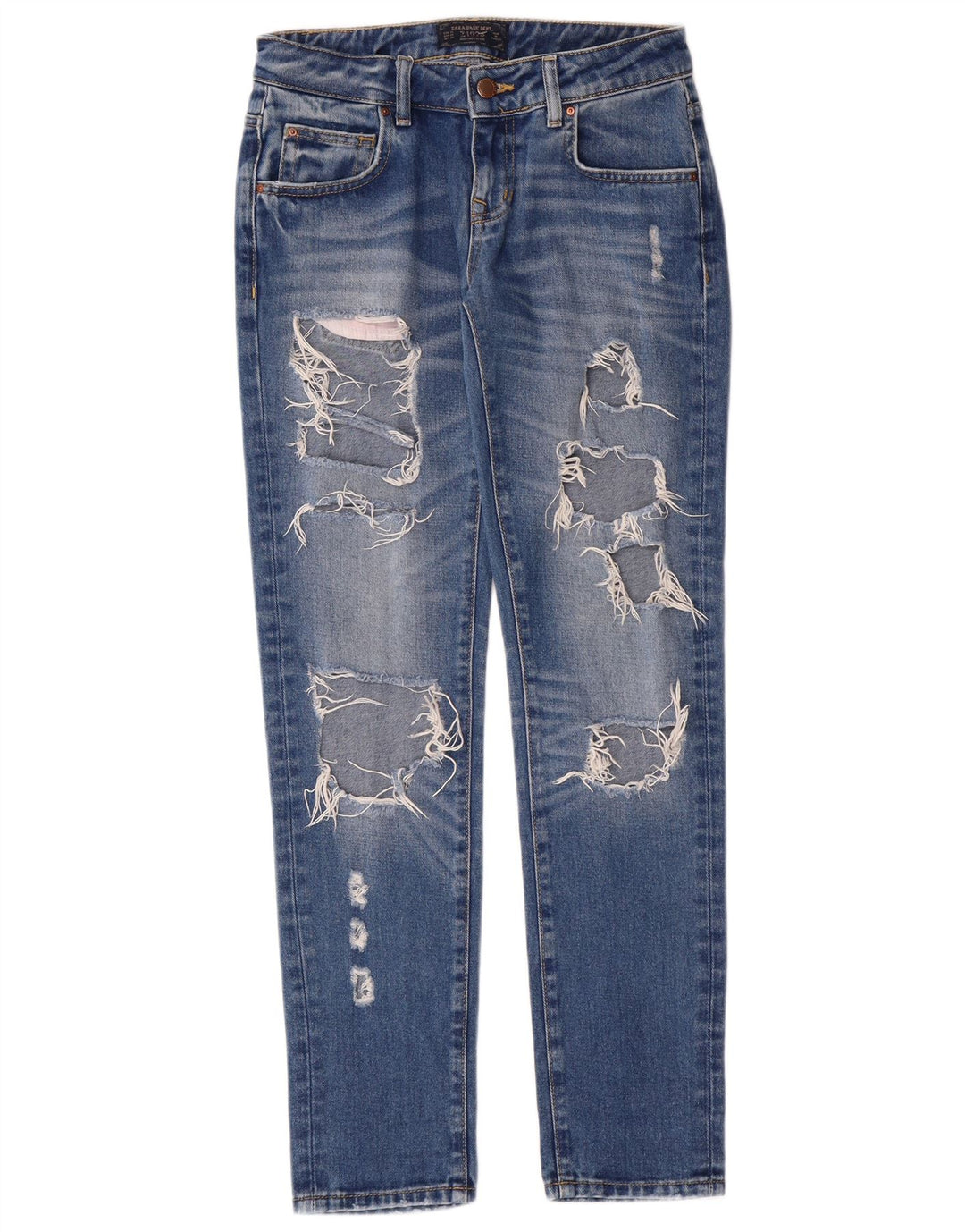Zara Damen Distressed Tapered Jeans EU 34 2XS W24 L30 Blue Grunge