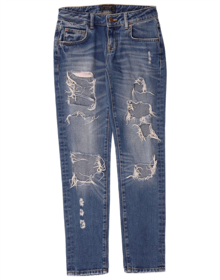 Zara Damen Distressed Tapered Jeans EU 34 2XS W24 L30 Blue Grunge