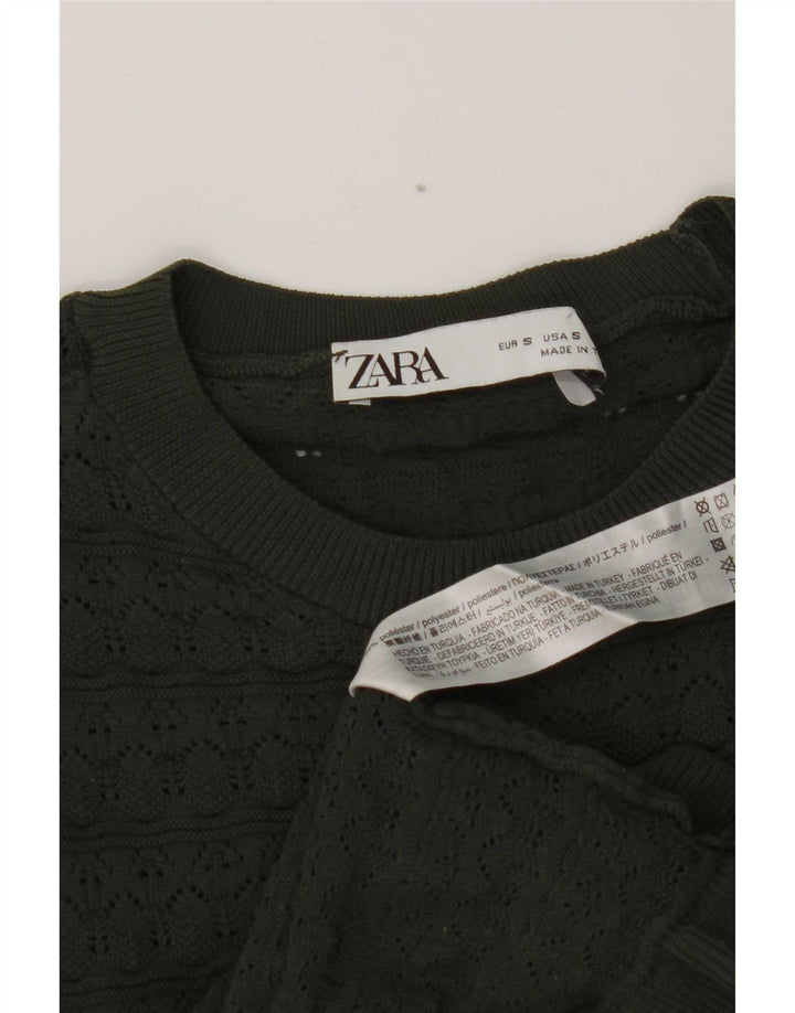 Zara Damen Crop Ruffle Front Top Langarm UK 8 Small Khaki Polyester