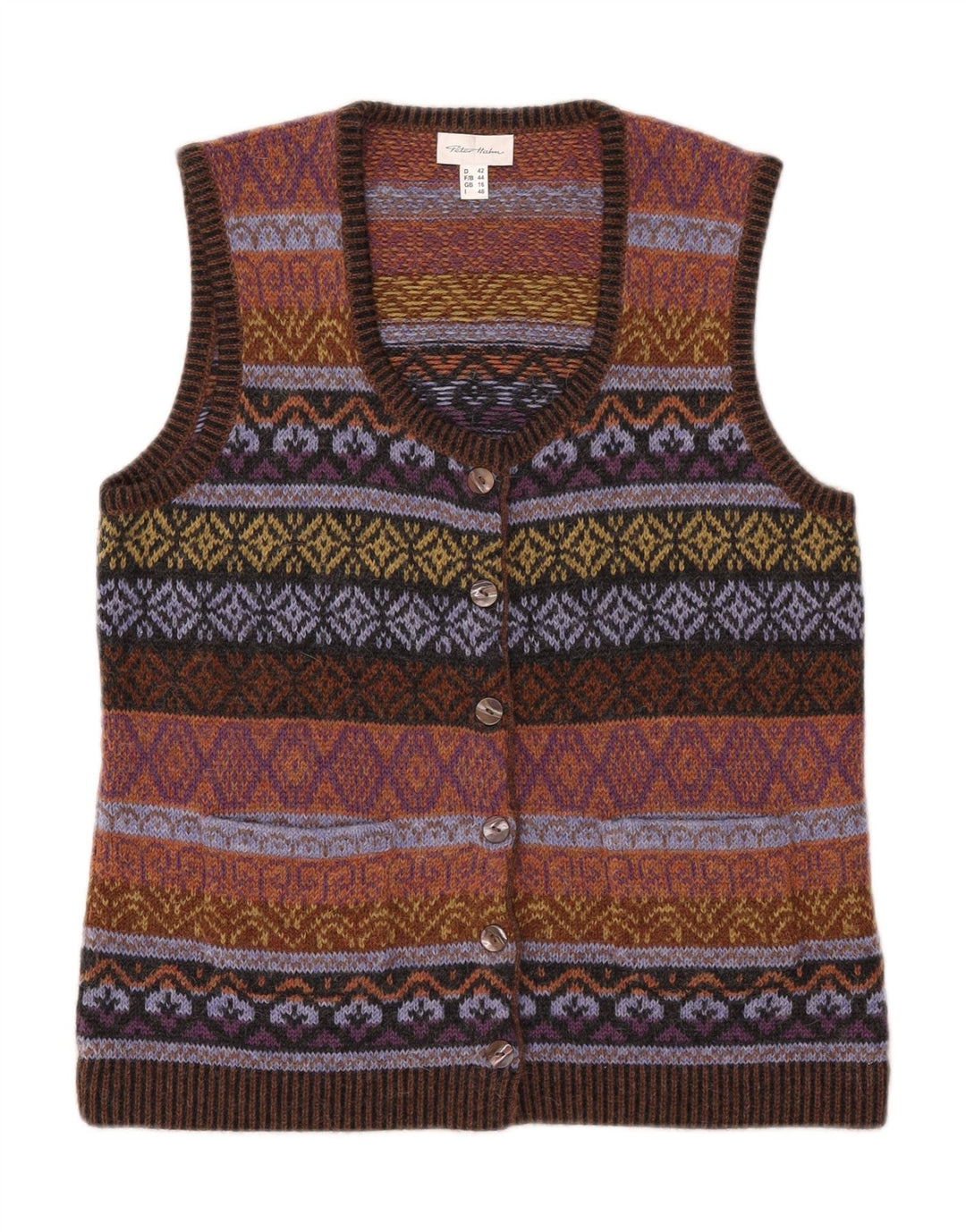 PETER HAHN Ärmelloser Damen-Cardigan-Pullover UK 16 Large Brown Fair Isle