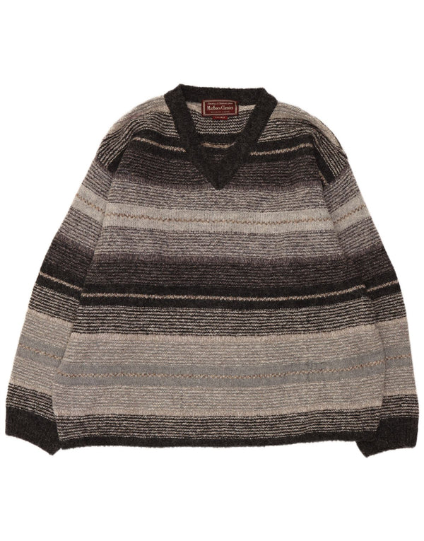 Marlboro Classics Herren-Pullover mit V-Ausschnitt, 2XL, grau gestreifte Wolle
