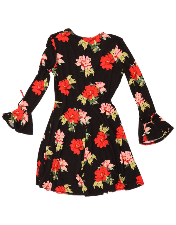 Topshop Grafik-Langarm-A-Linien-Kleid für Damen, Gr. 10, Größe S, Schwarz, Blumenmuster