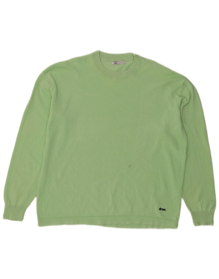 Zara Herren-Pullover mit Rundhalsausschnitt, groß, grüne Baumwolle