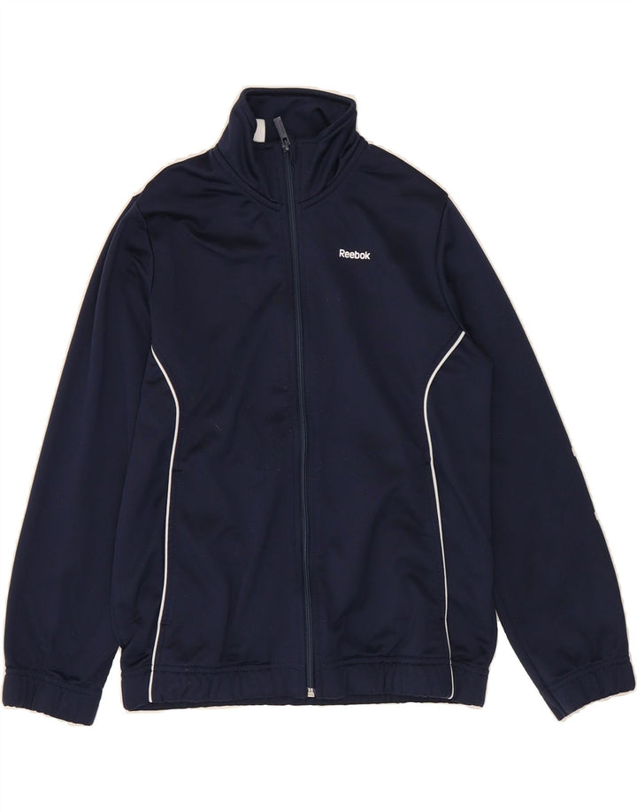REEBOK Boys Graphic Tracksuit Top Jacket 9-10 Years Navy Blue Polyester Vintage Reebok and Second-Hand Reebok from Messina Hembry 