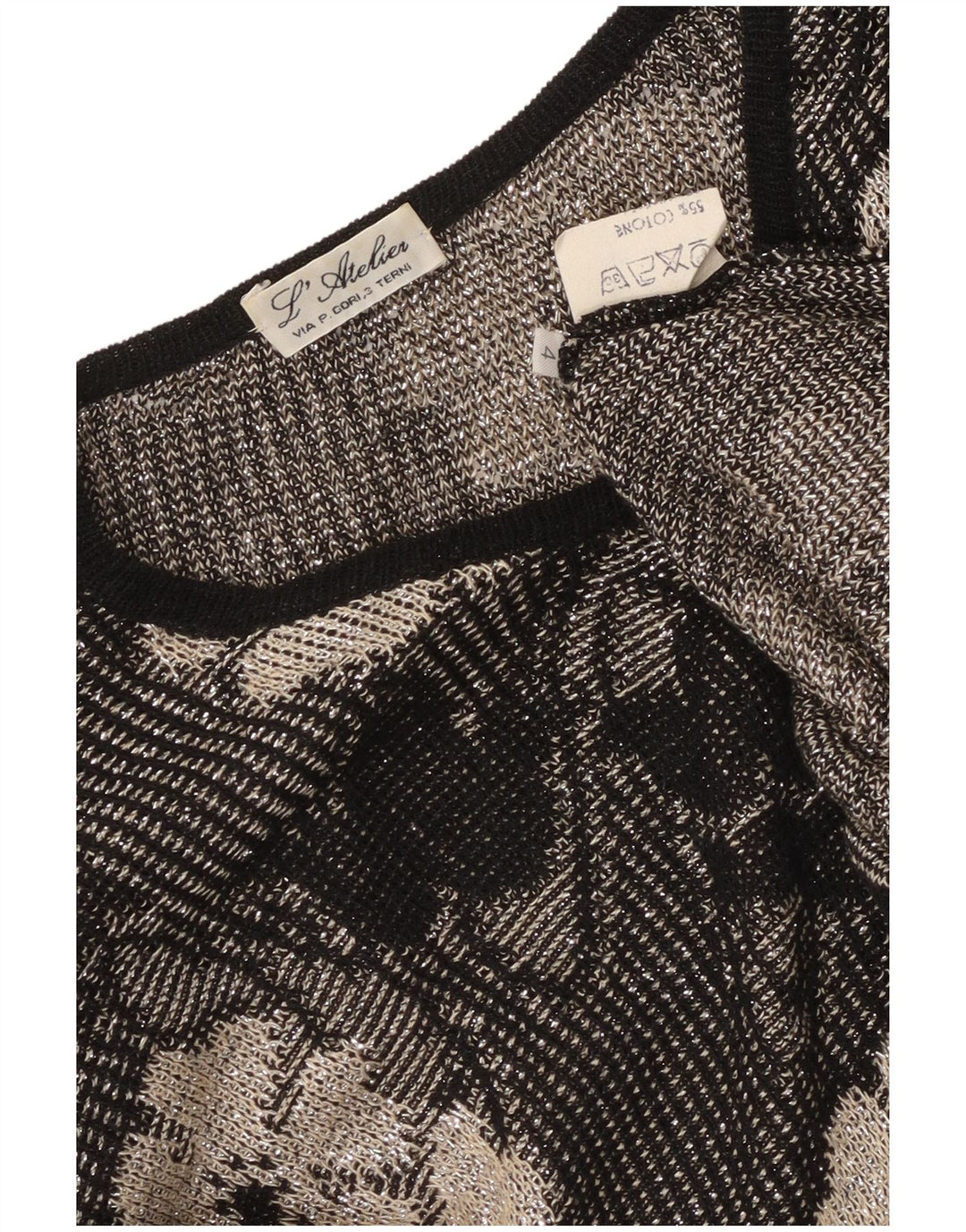 Vintage Damen-Pullover mit Knopfkragen, Gr. 14, mittelschwarz, geblümt