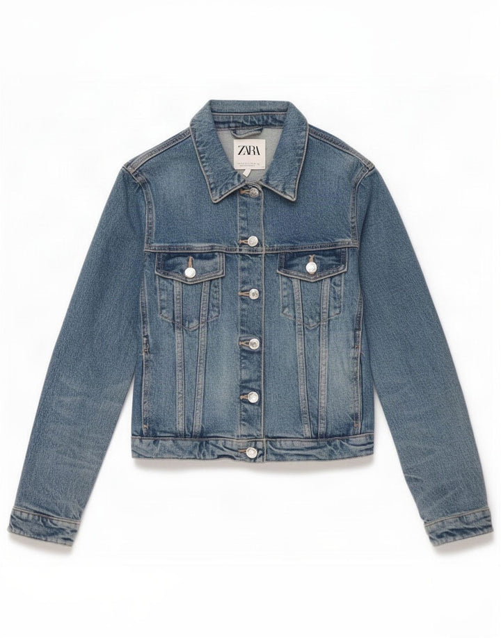 Zara Damen Crop Denim Jacke UK 10 Small Blaue Baumwolle