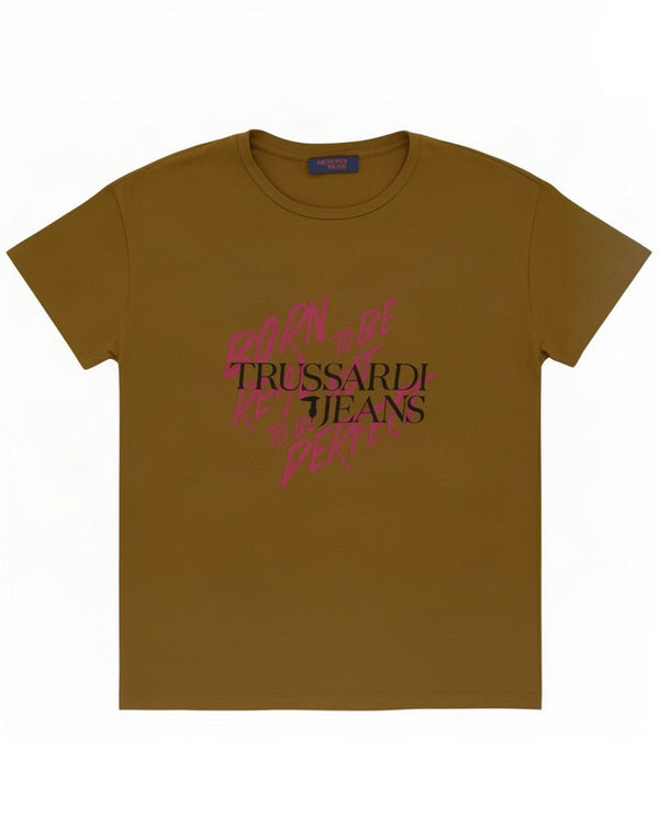 Trussardi Jeans Übergroßes Grafik-T-Shirt-Oberteil für Damen UK 6 XS Khaki Baumwolle