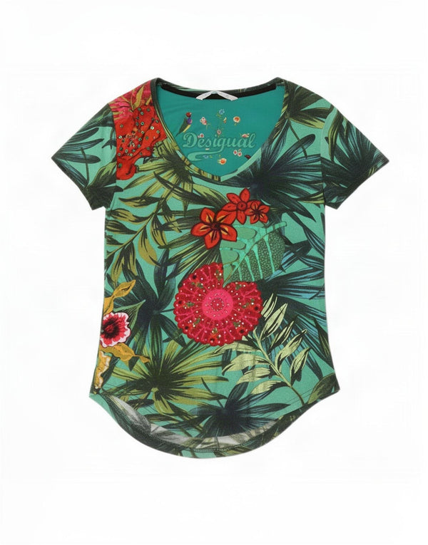 Desigual Damen Grafik-T-Shirt-Oberteil UK 6 XS Grün geblümt