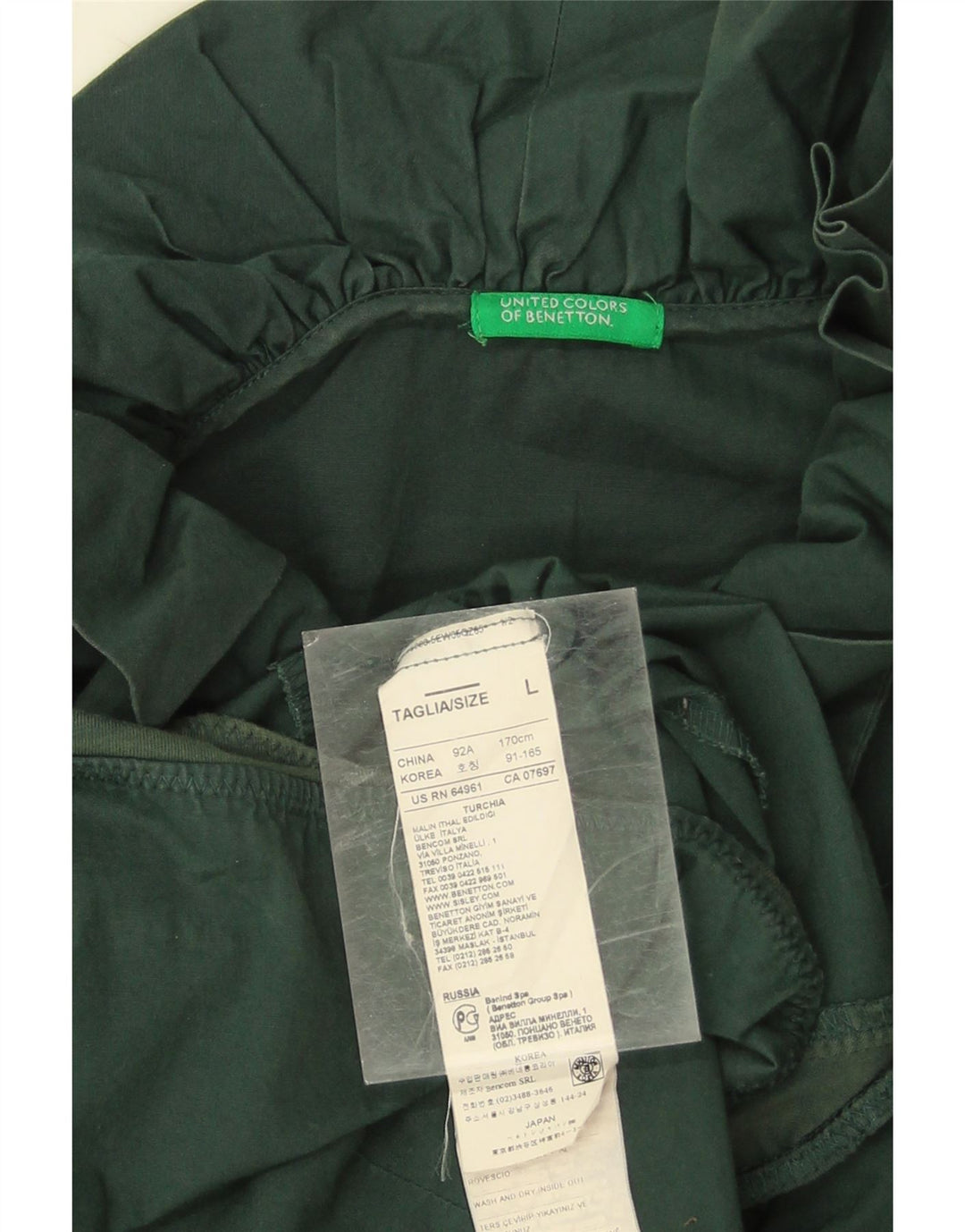 Benetton Damen-Body mit Rüschen vorne, UK 16, Größe L, Grün, Baumwolle