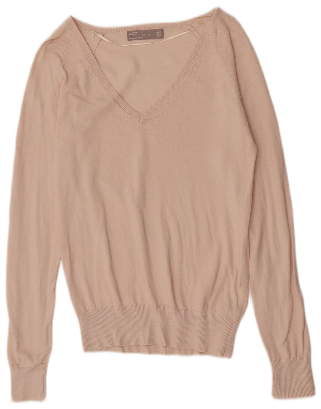 Zara Damen-Pullover mit V-Ausschnitt, UK 12, mittelrosa, Baumwolle