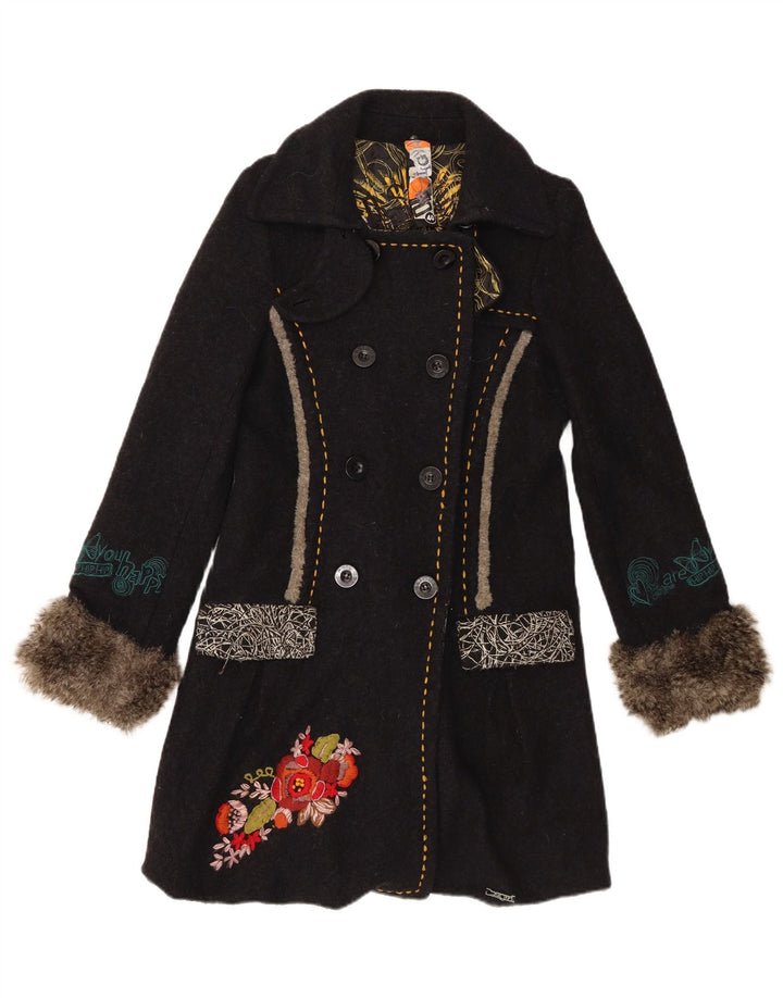 Desigual Damen grafischer zweireihiger Mantel EU 40 Mittelschwarz geblümt