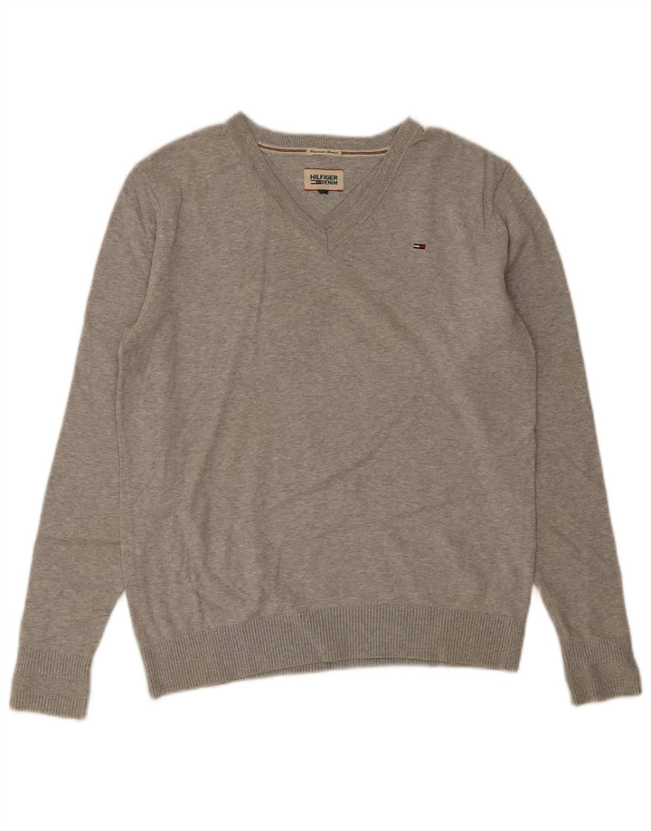 Tommy Hilfiger Herren-Pullover mit V-Ausschnitt, groß, graue Baumwolle