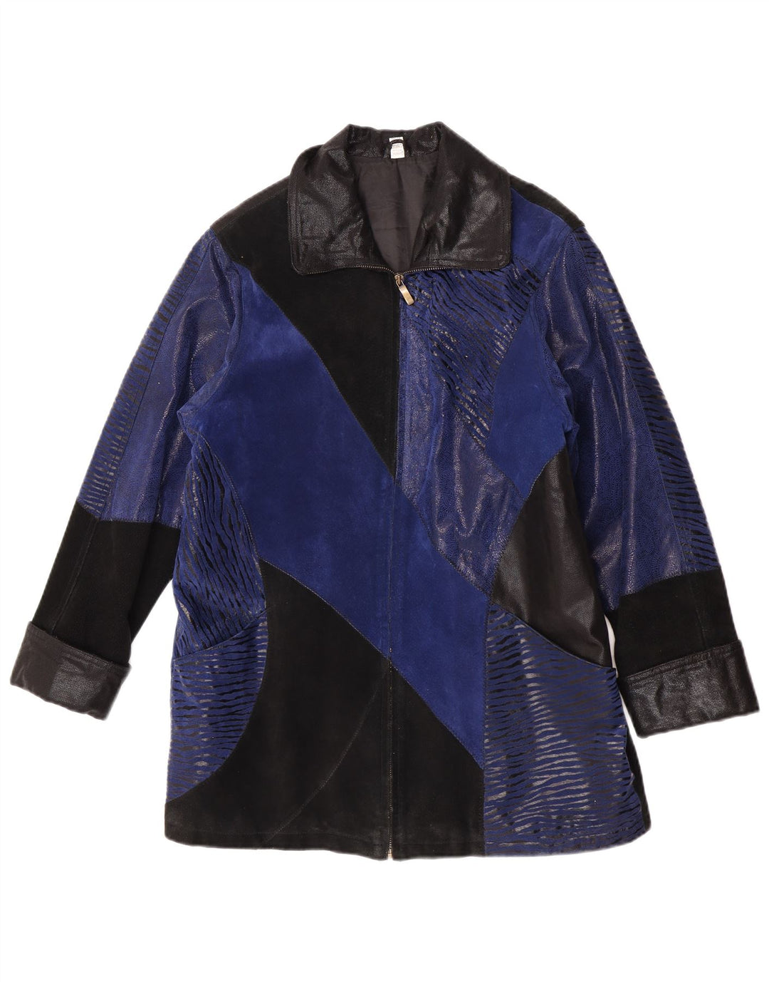 Vintage Damen Wildledermantel UK 12 Mittelblaues Colourblock-Leder