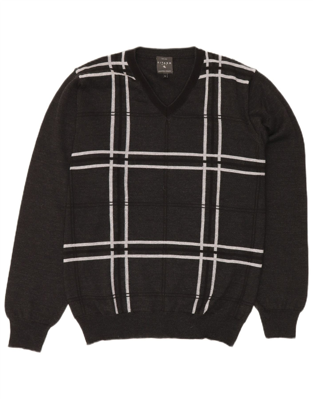 KITARO Herren-Pullover mit V-Ausschnitt, groß, grau kariert, Wolle