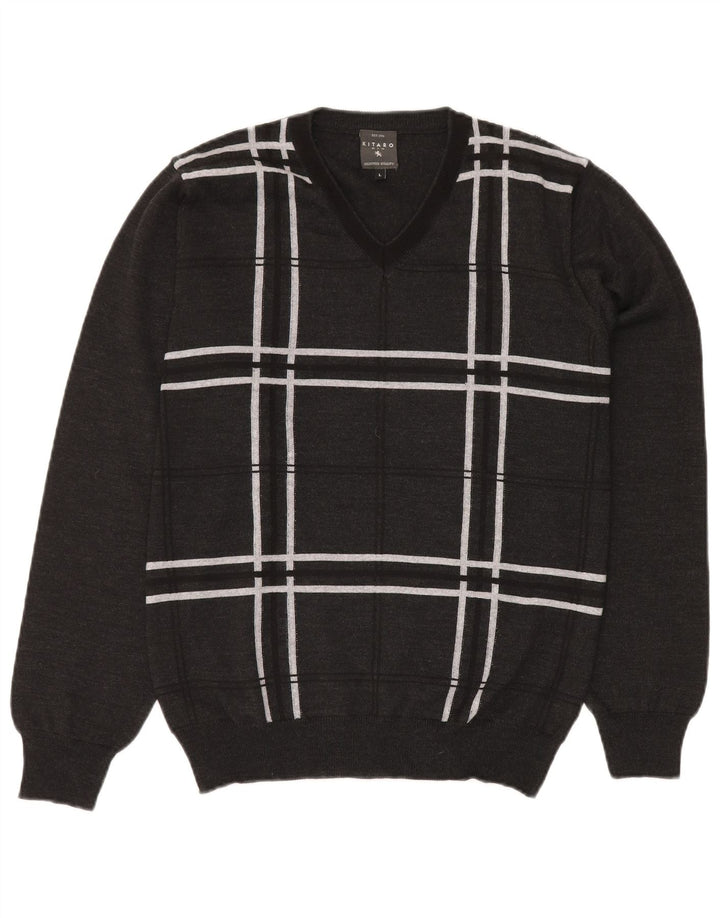 KITARO Herren-Pullover mit V-Ausschnitt, groß, grau kariert, Wolle