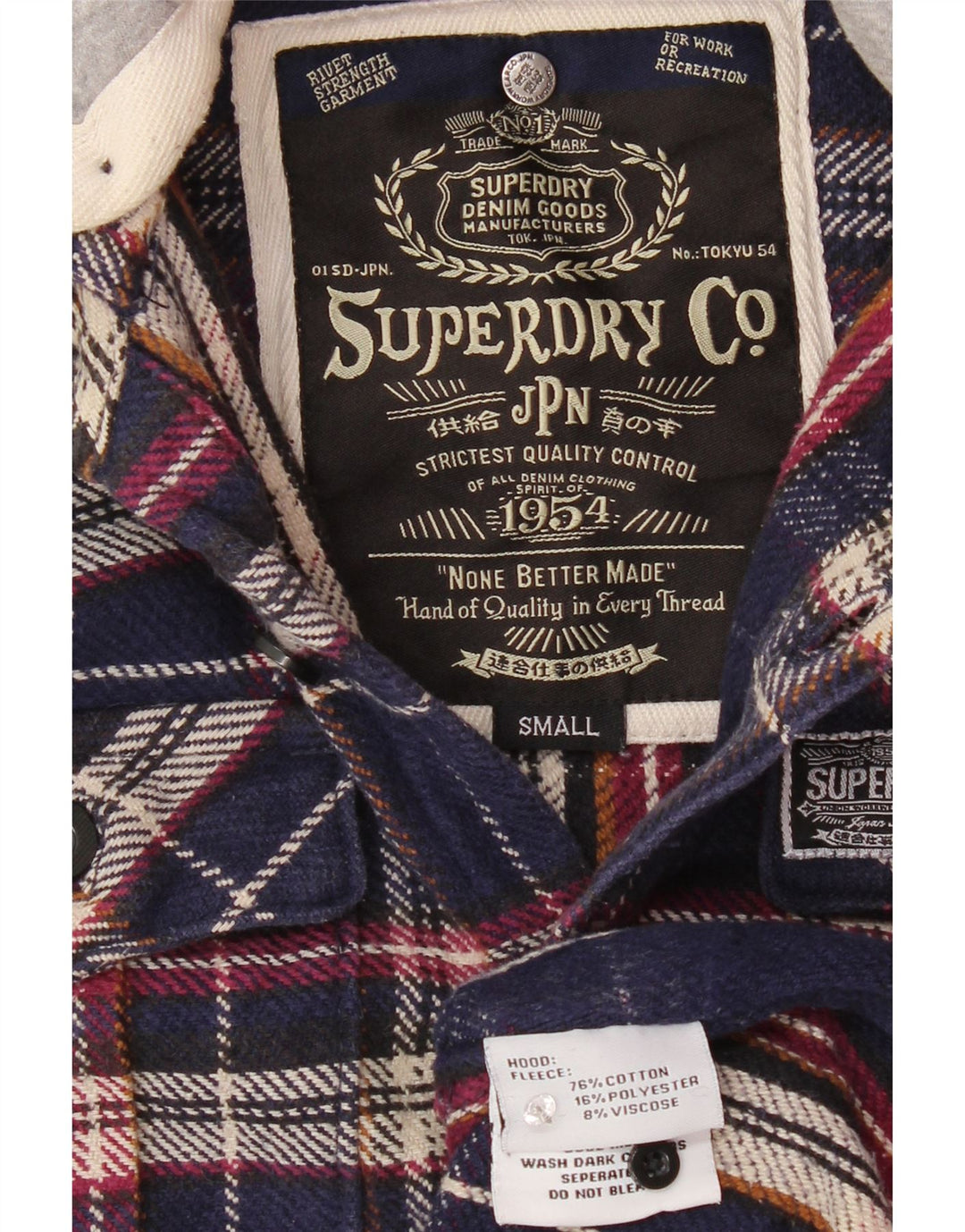 SUPERDRY Herren-Flanellhemd mit Kapuze, klein, marineblau, kariert, Baumwolle