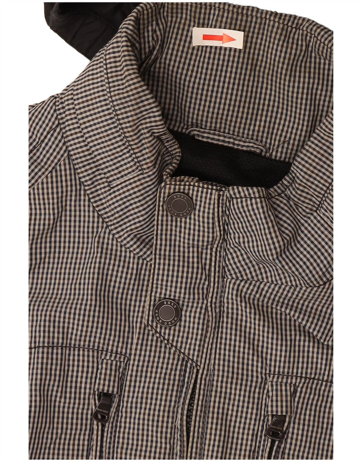 Hugo Boss Herren-Bomberjacke mit Kapuze, EU 50, großes schwarzes Gingham-Polyester