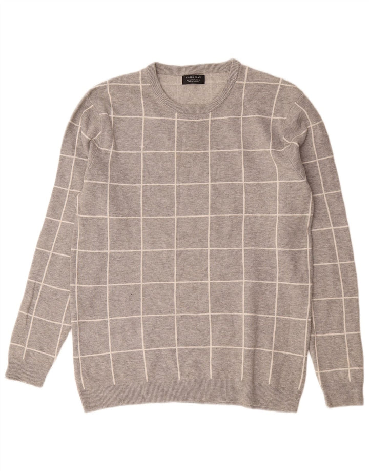 Zara Herren-Pullover mit Rundhalsausschnitt, XL, grau kariertes Nylon