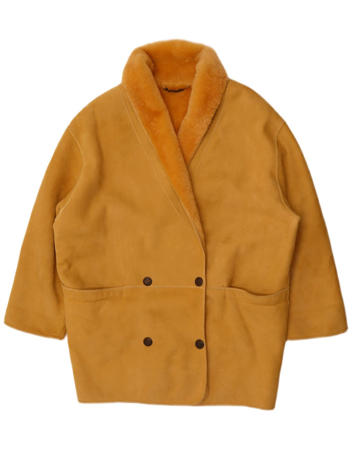 Vintage Damen Zweireihiger übergroßer Lammfellmantel IT 44 Mittelgelb