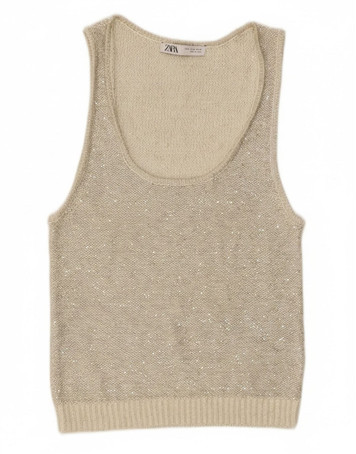 Zara Damen Strickweste Top UK 12 Mittelgraues Polyester