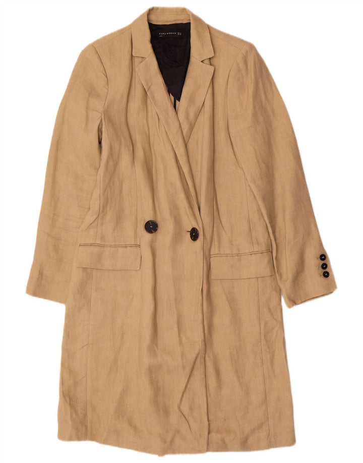 ZARA Damen Übergroßer zweireihiger Mantel UK 6 XS Beige Leinen