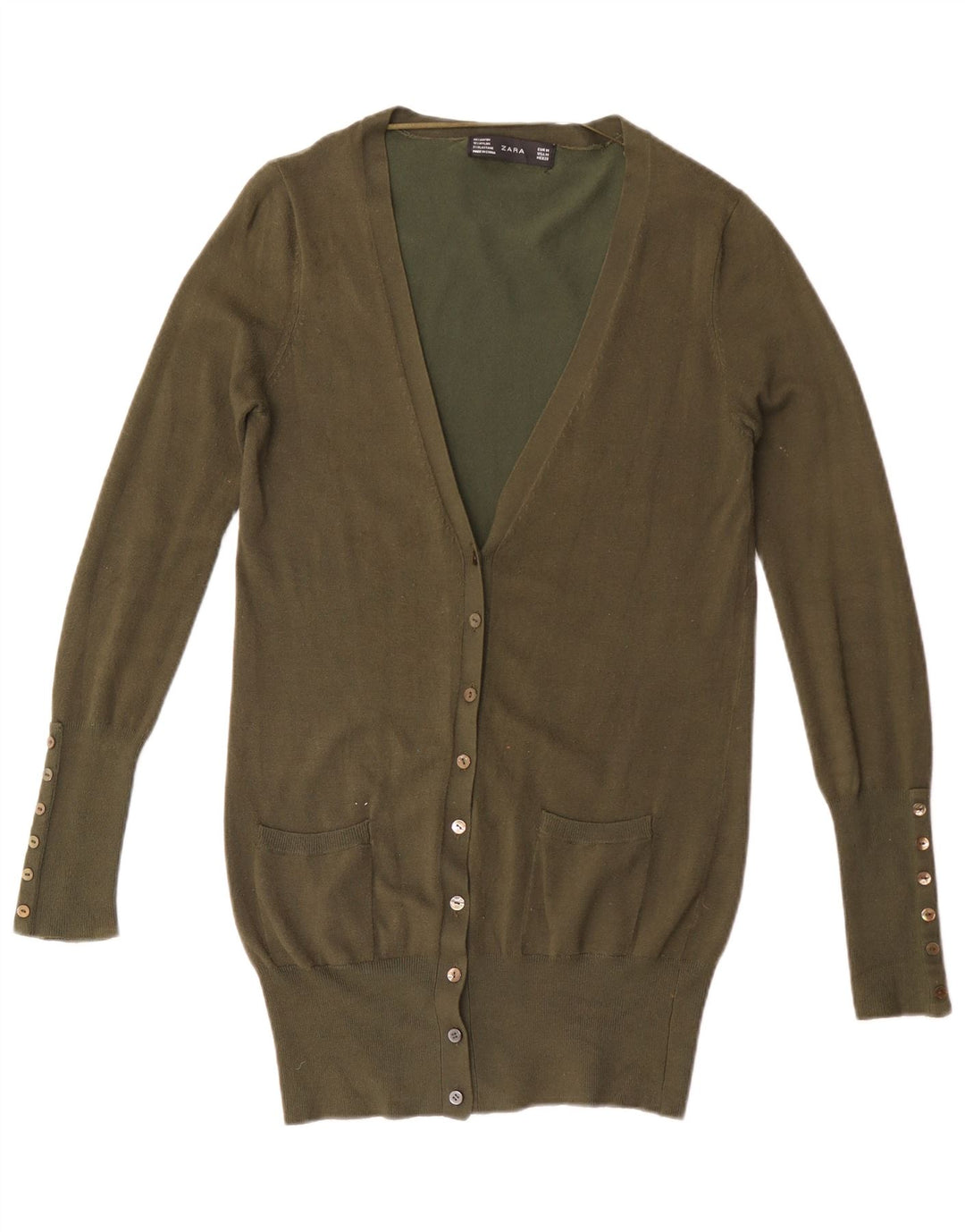 Zara Damen Longline-Cardigan-Pullover UK 12 Medium Khaki Rayon