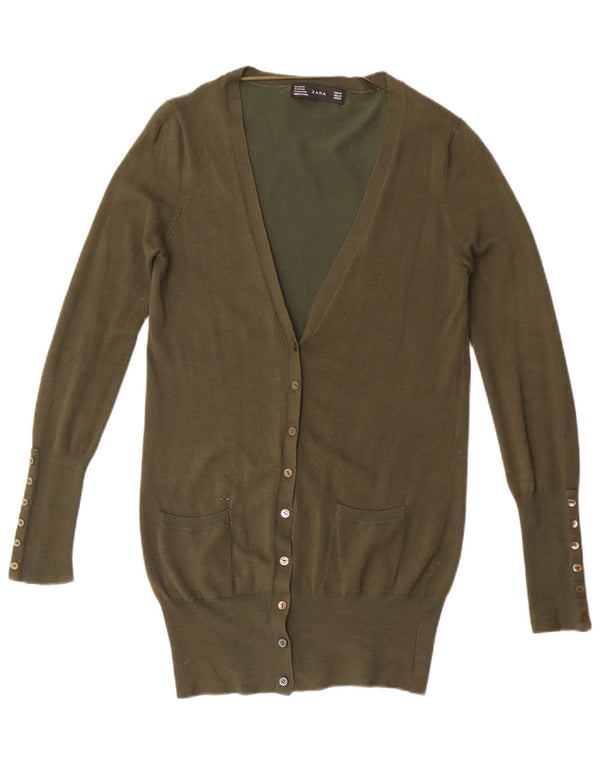 Zara Damen Longline-Cardigan-Pullover UK 12 Medium Khaki Rayon