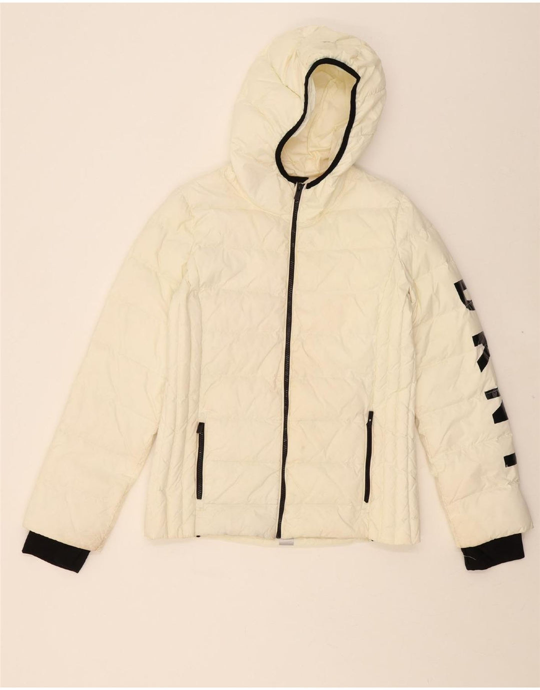 DKNY Womens Graphic Hooded Padded Jacket UK 14 Medium Off White Nylon Vintage Dkny and Second-Hand Dkny from Messina Hembry 