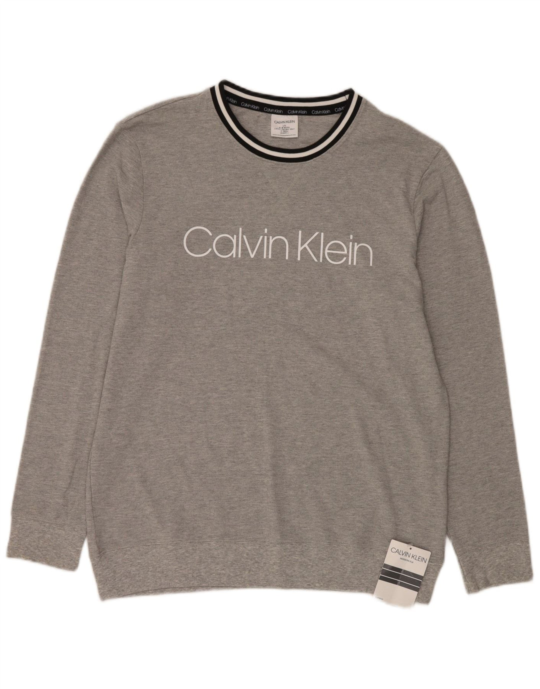 Calvin Klein Herren-Pullover mit grafischem Rundhalsausschnitt, groß, grau gestreift
