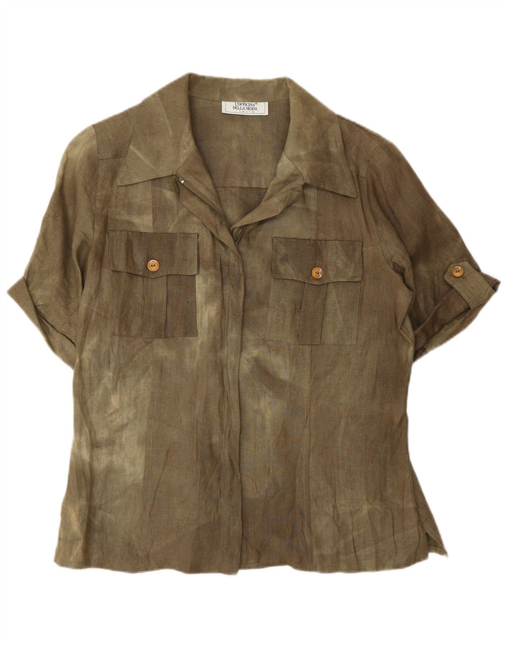 Vintage Damen Kurzarm-Hemdbluse UK 12 Medium Khaki Tie Dye Seide