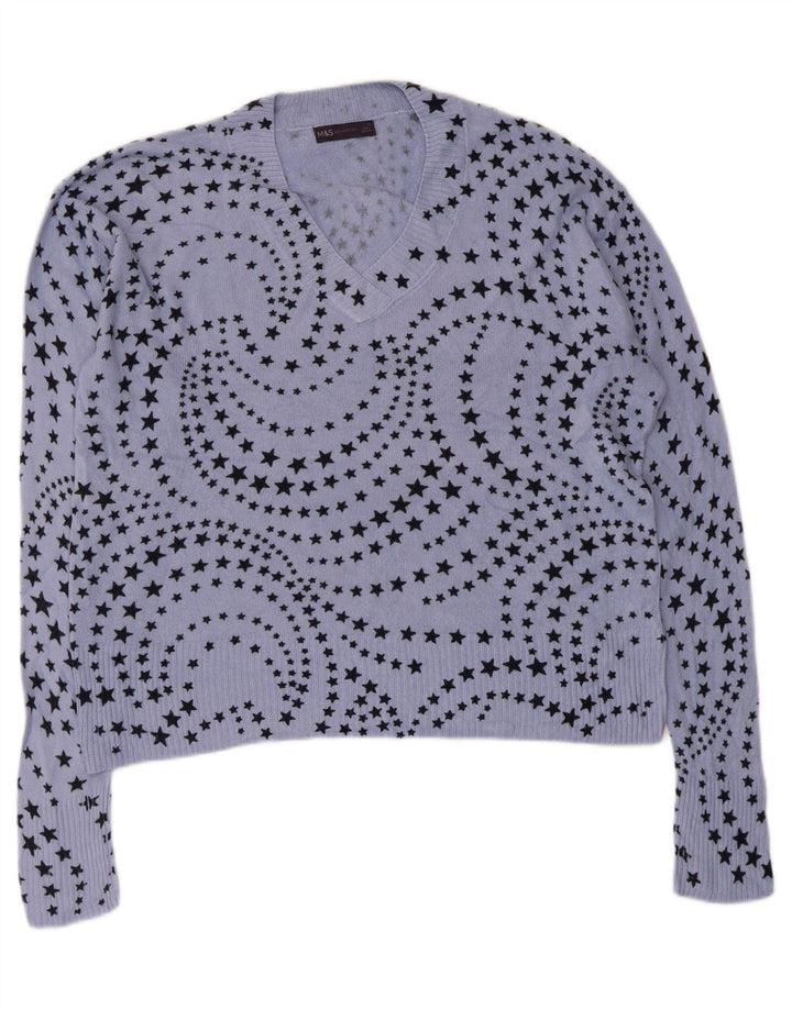 Marks & Spencer Damen-Pullover mit V-Ausschnitt, Gr. 14, groß, blau, geometrisch