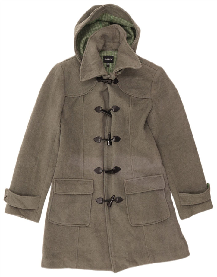 VINTAGE Damen Dufflecoat mit Kapuze UK 16 Große graue Wolle