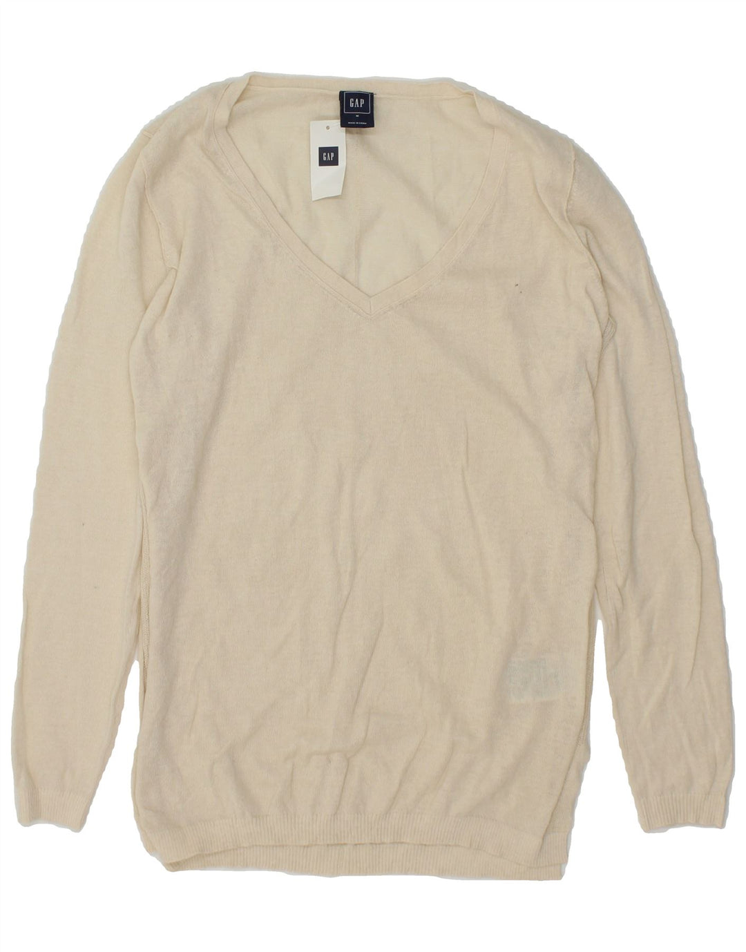 GAP Womens V-Neck Jumper Sweater UK 12 Medium Off White Linen Vintage Gap and Second-Hand Gap from Messina Hembry 