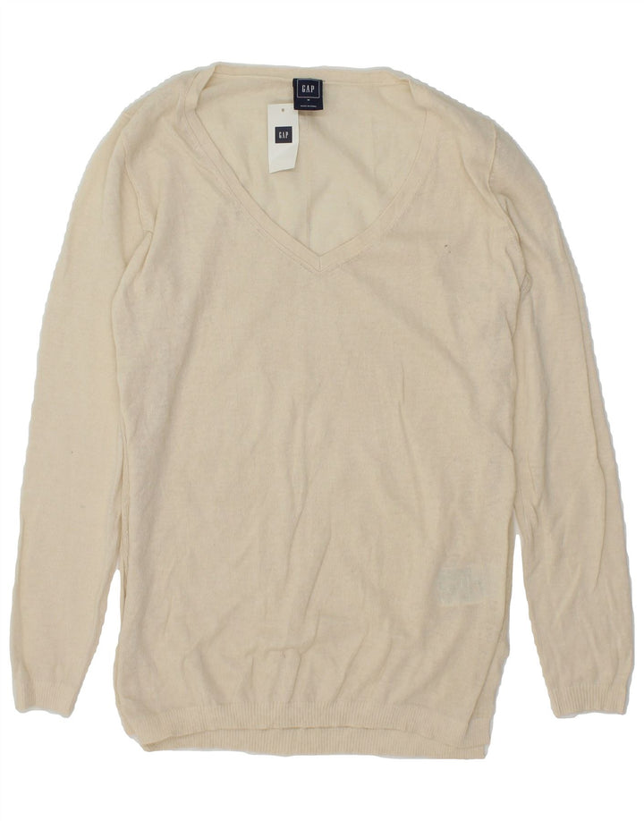 GAP Womens V-Neck Jumper Sweater UK 12 Medium Off White Linen Vintage Gap and Second-Hand Gap from Messina Hembry 