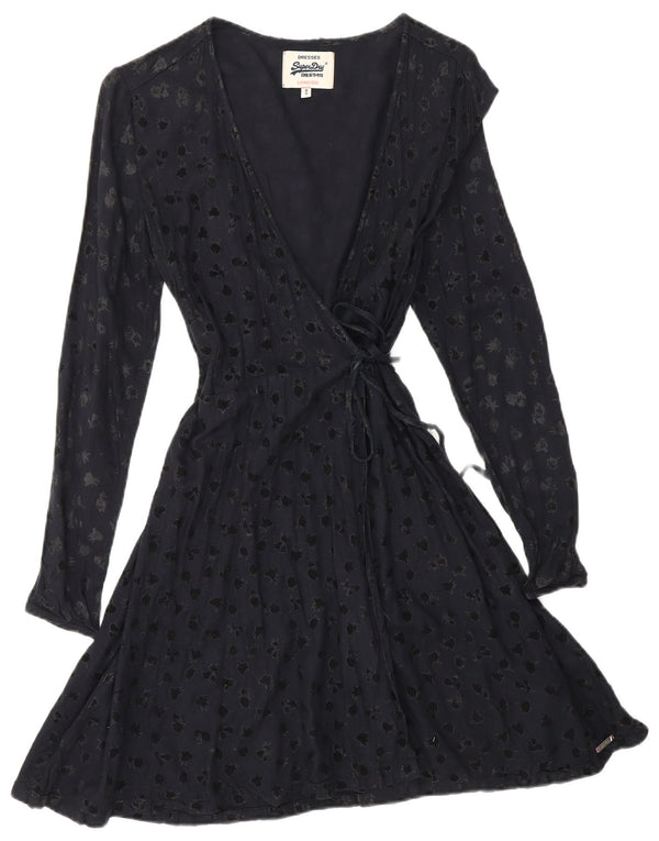 SUPERDRY Damen-Wickelkleid mit abstraktem Muster und langen Ärmeln, UK 6 XS, Marineblau