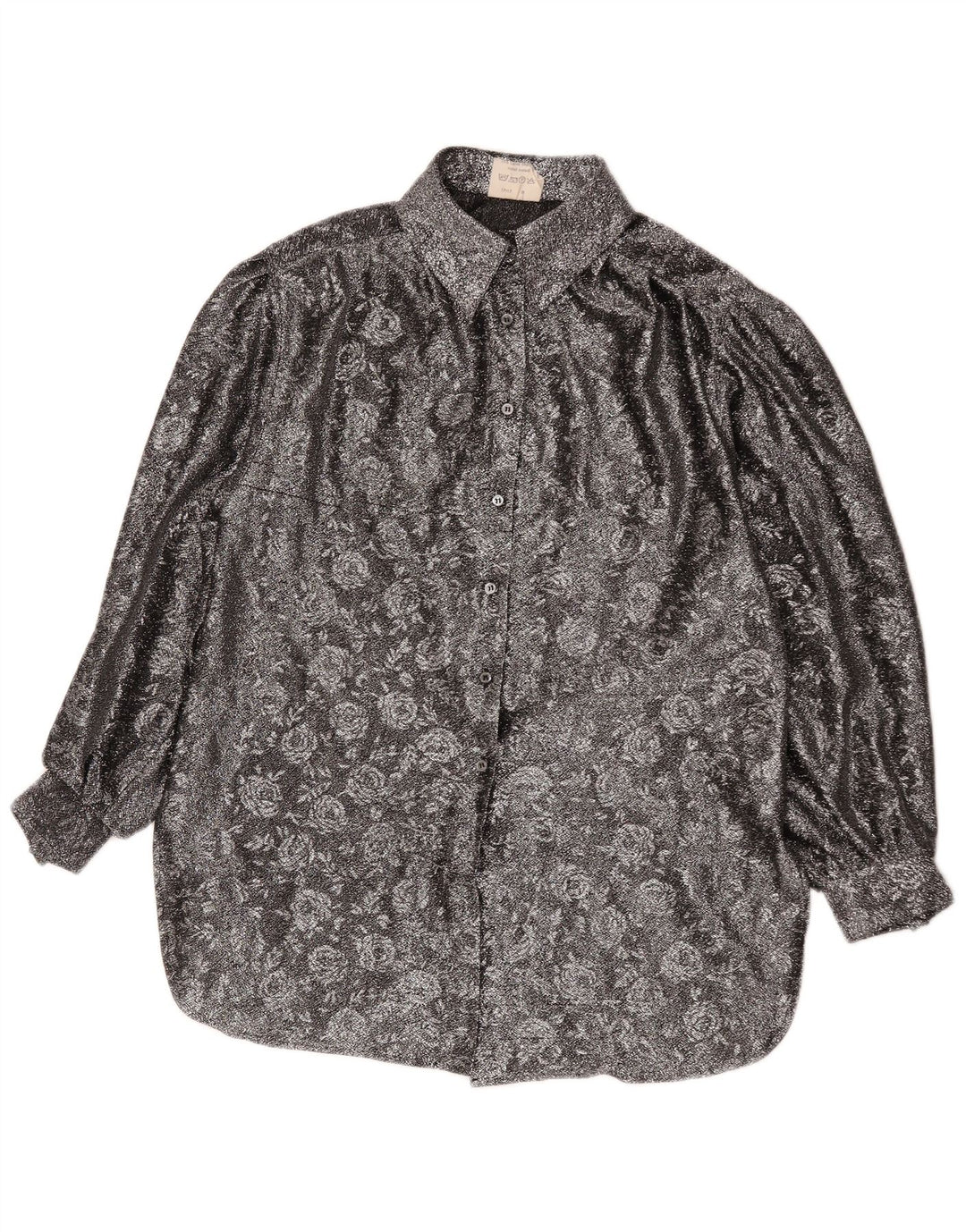 Vintage Damen-Hemd mit lockerer Passform, EU 42, großes silbernes Blumenmuster aus Polyester