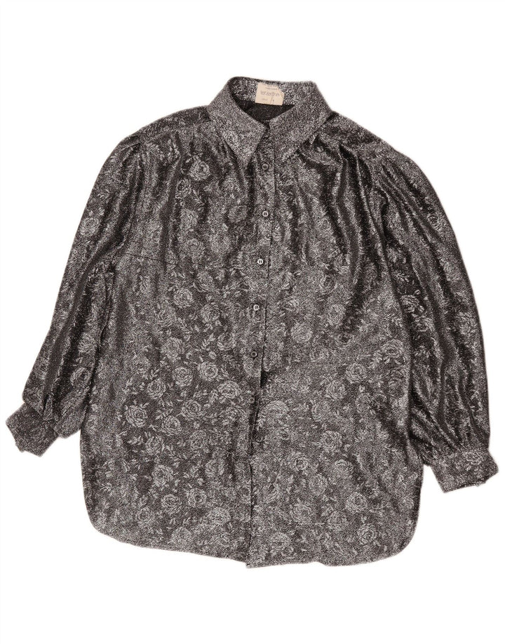 Vintage Damen-Hemd mit lockerer Passform, EU 42, großes silbernes Blumenmuster aus Polyester
