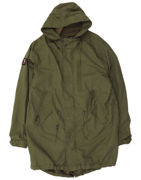 Superdry Mens Hooded Parka Jacket UK 44 2XL Khaki Cotton