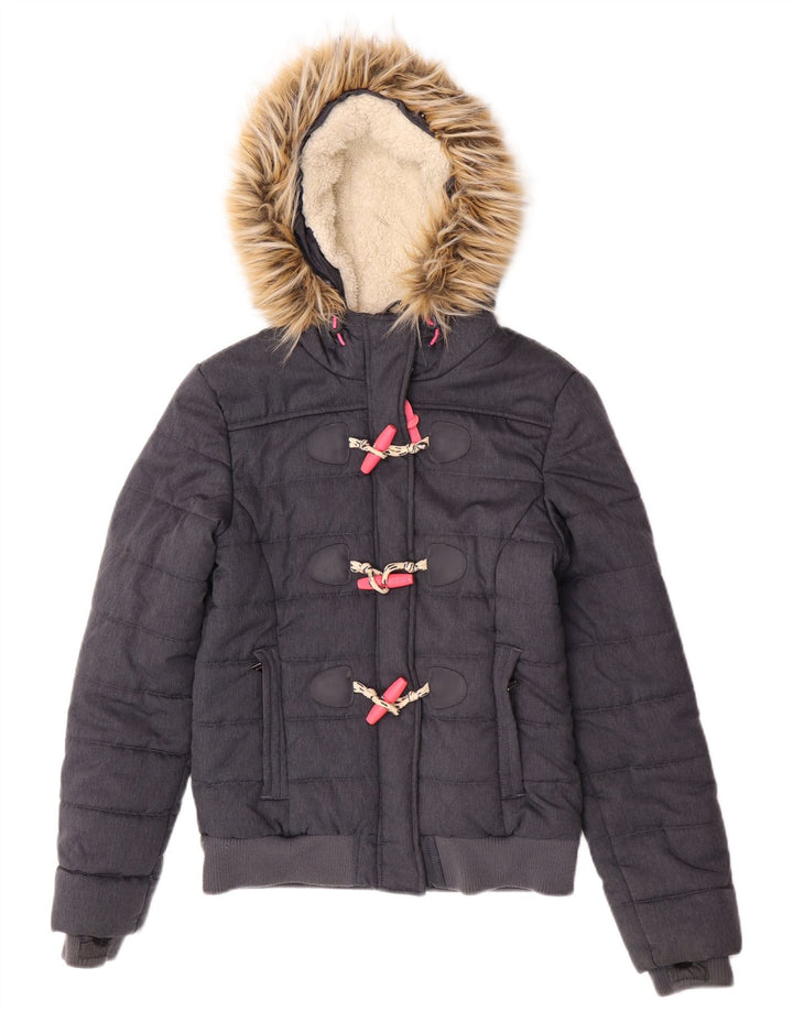 Superdry Damen Bomberjacke mit Kapuze, wattiert, Gr. 8, Größe S, Grau, Polyester