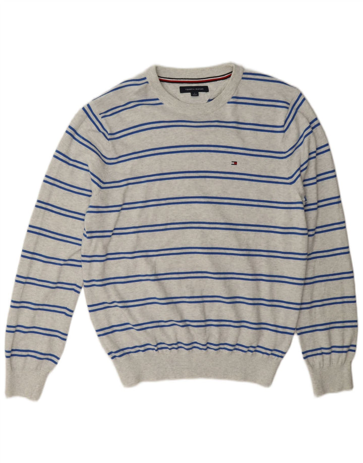 Tommy Hilfiger Herren-Pullover mit Rundhalsausschnitt, mittelgrau, gestreift, Baumwolle