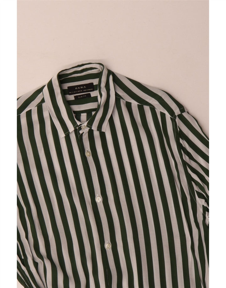 ZARA Herren-Slim-Fit-Hemd, klein, grün gestreift, Viskose