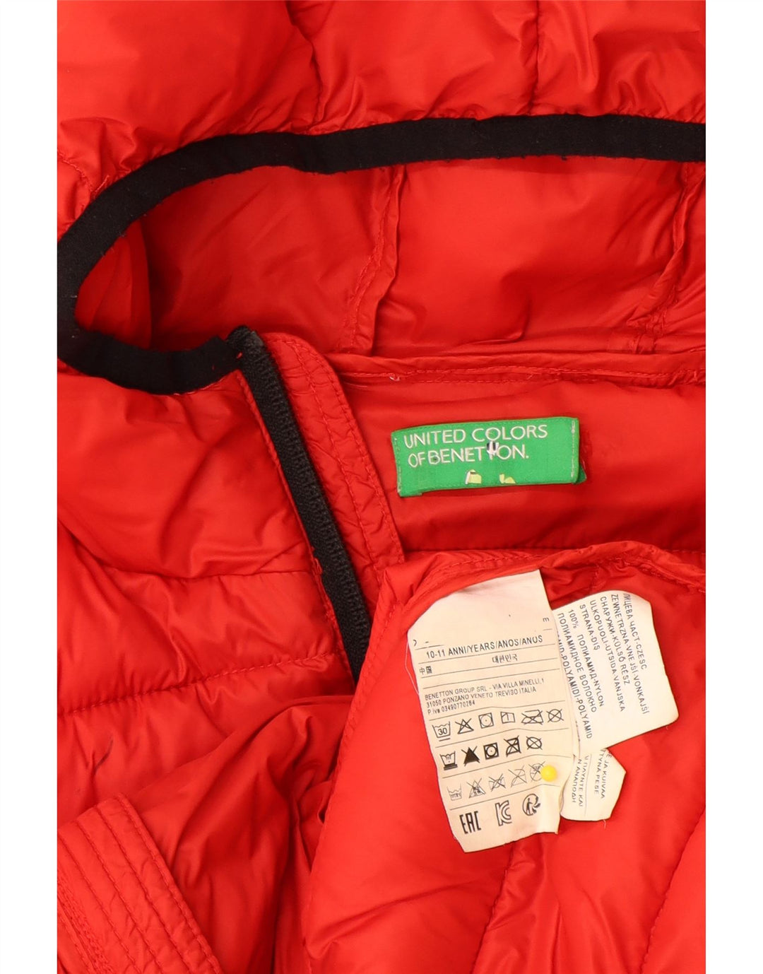 Benetton Wattierte Jungenjacke mit Kapuze, 10–11 Jahre, rotes Polyamid