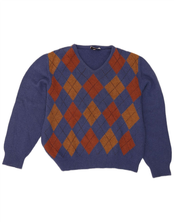 Mazzonetto Damen-Pullover mit V-Ausschnitt, UK 12, mittelblau, Argyle/Diamant