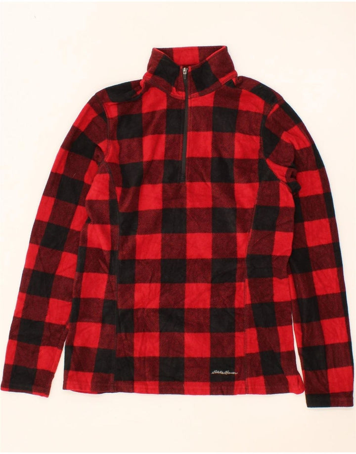 EDDIE BAUER Womens Zip Neck Fleece Jumper UK 10 Small Red Check Polyester Vintage Eddie Bauer and Second-Hand Eddie Bauer from Messina Hembry 