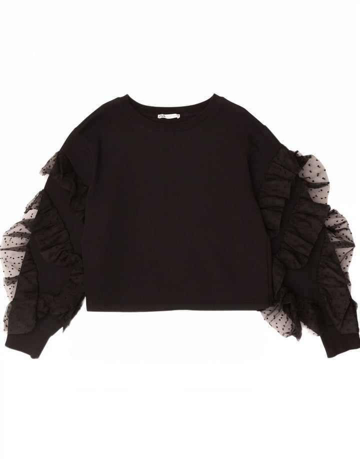 Zara Damen Crop Top Langarm UK 10 Small Schwarz Baumwolle