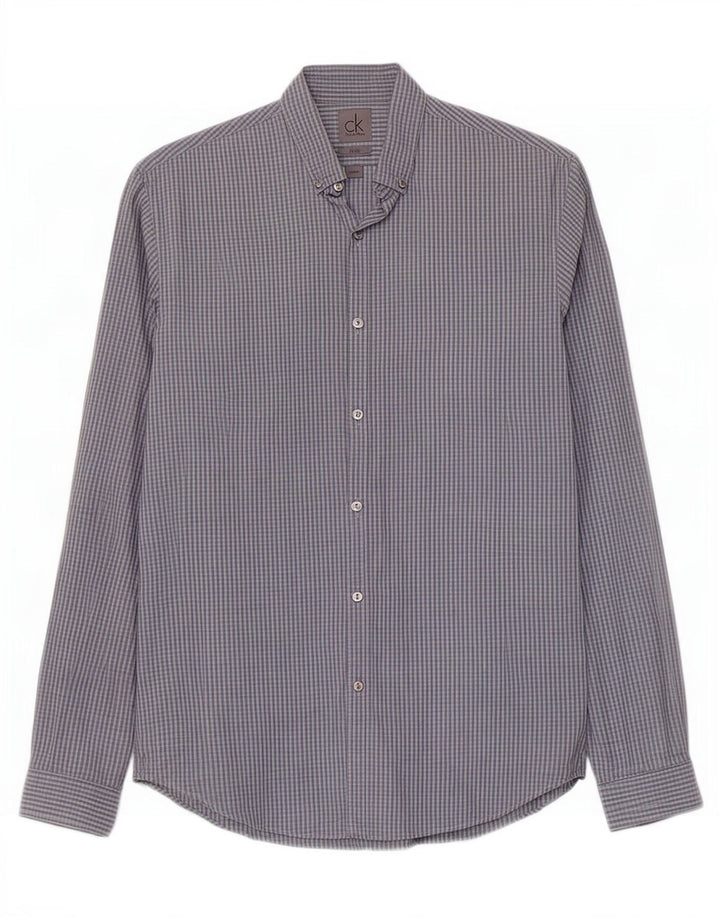 Calvin Klein Herren-Slim-Fit-Hemd, Größe 39, 15 1/2, mittelblaue Gingham-Baumwolle