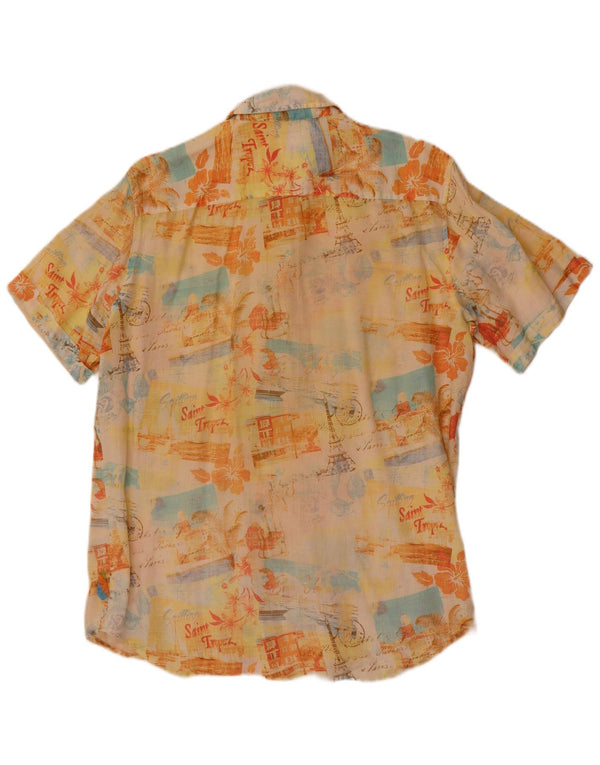 Vintage Herren Grafik Kurzarmhemd Mittelgelbes Blumenleinen